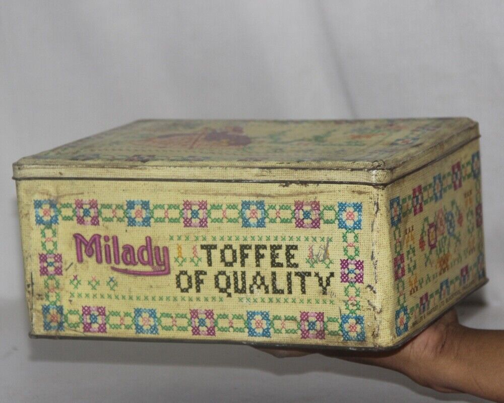 Vintage Milady Toffee Waller & Hartely Ltd Blackpool Ad Litho Tin Box England