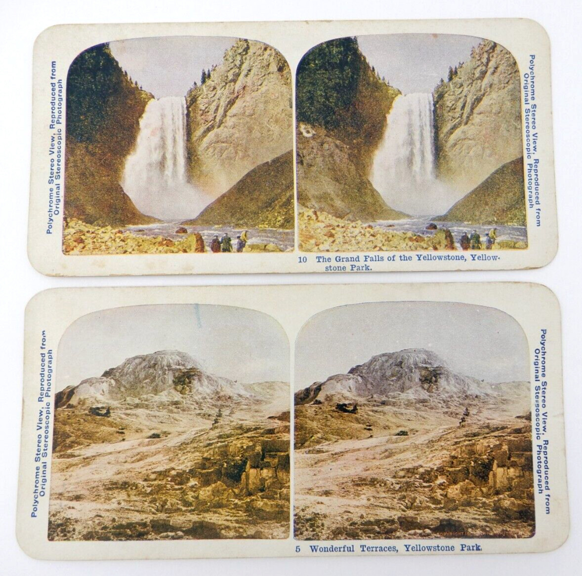 2 ANTIQUE STEREOSCOPE CARDS OF YELLOWSTONE PARK: TERRACES & THE GRAND FALLS