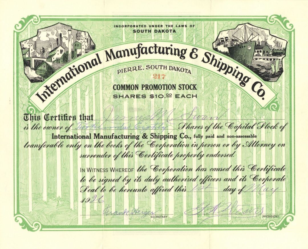 International Manufacturing and Shipping Co. - Shipping Stock Certificate - Pier