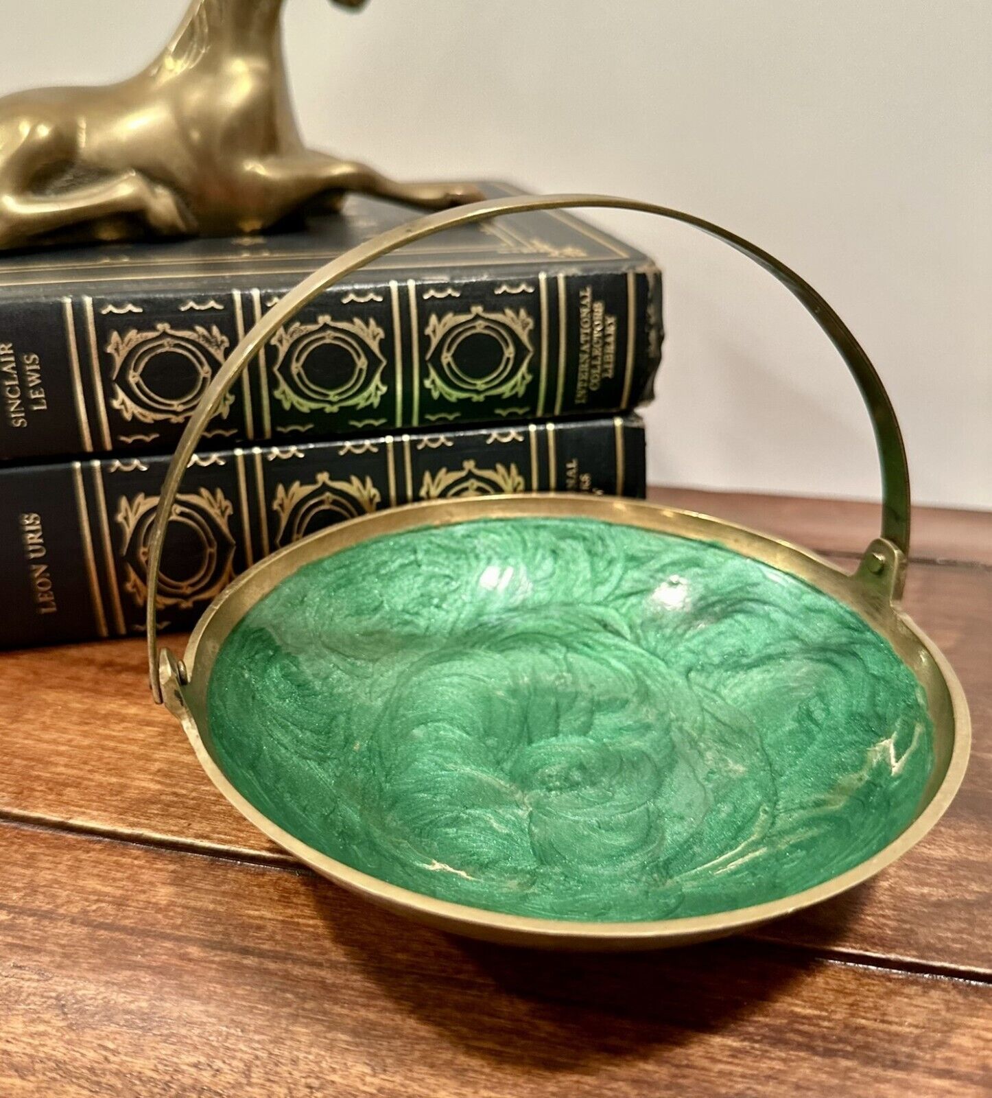 Vintage Green Enameled Brass Trinket Dish With Hinged Handle  Made in India