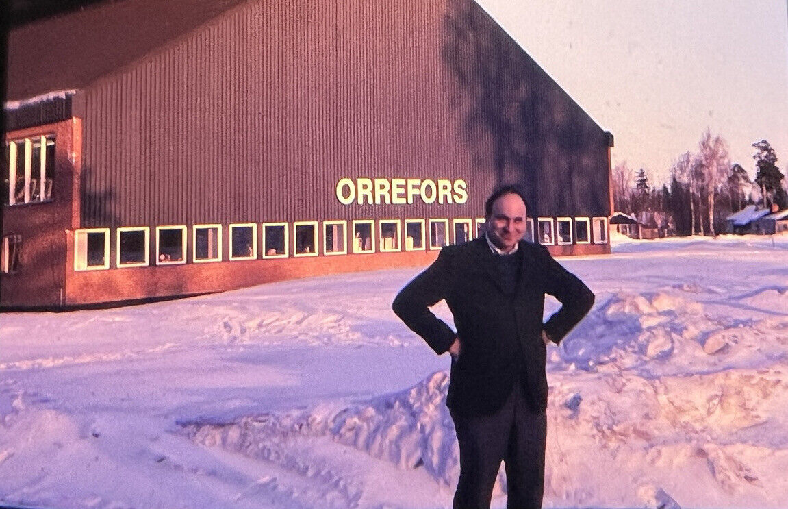 Vintage Photo Slide 1969 Winter Man Posed Orrefors Building Snow