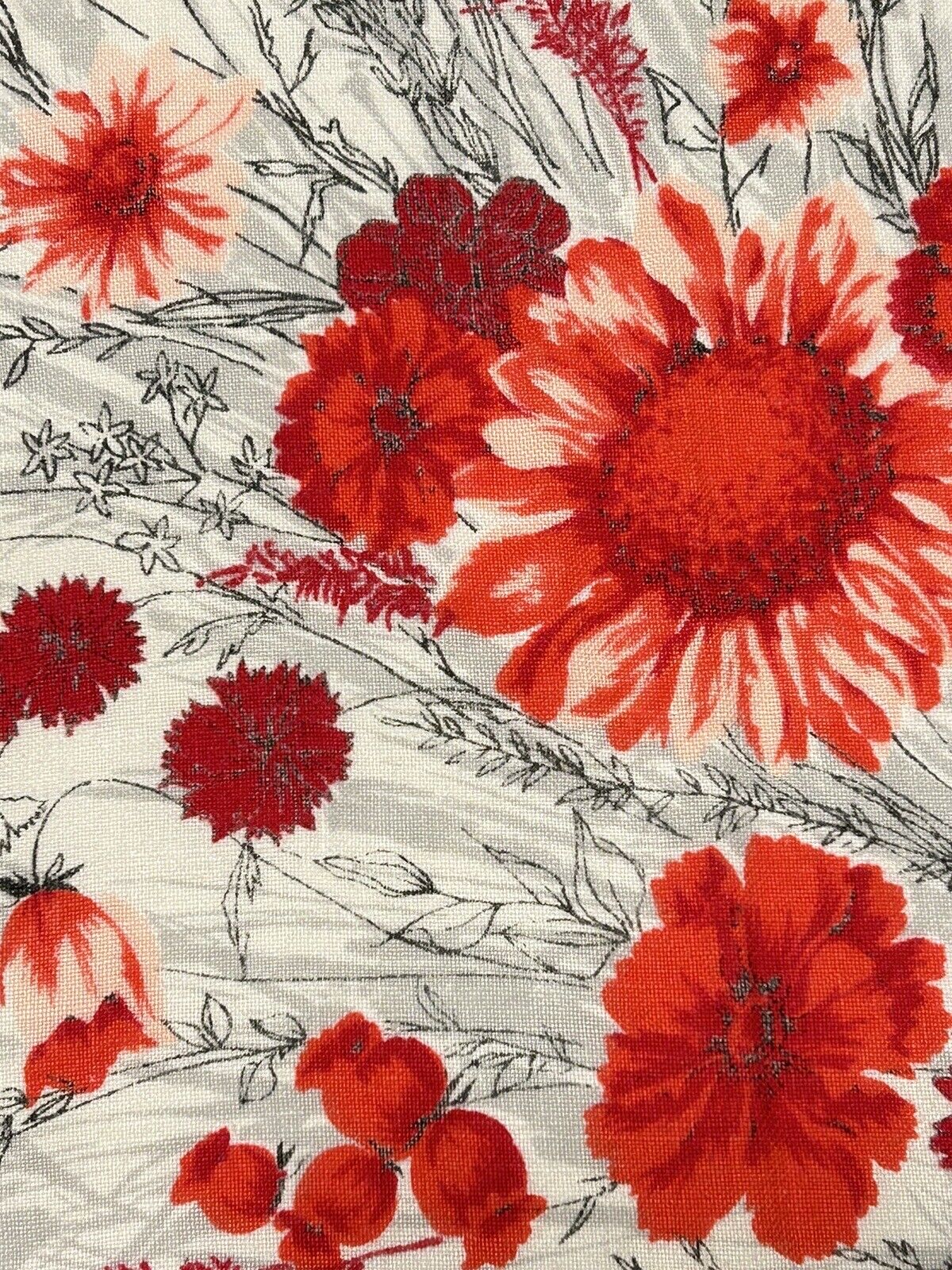 Vintage 1950-60s Linen Printed Tablecloth 48x48 Red Flowers