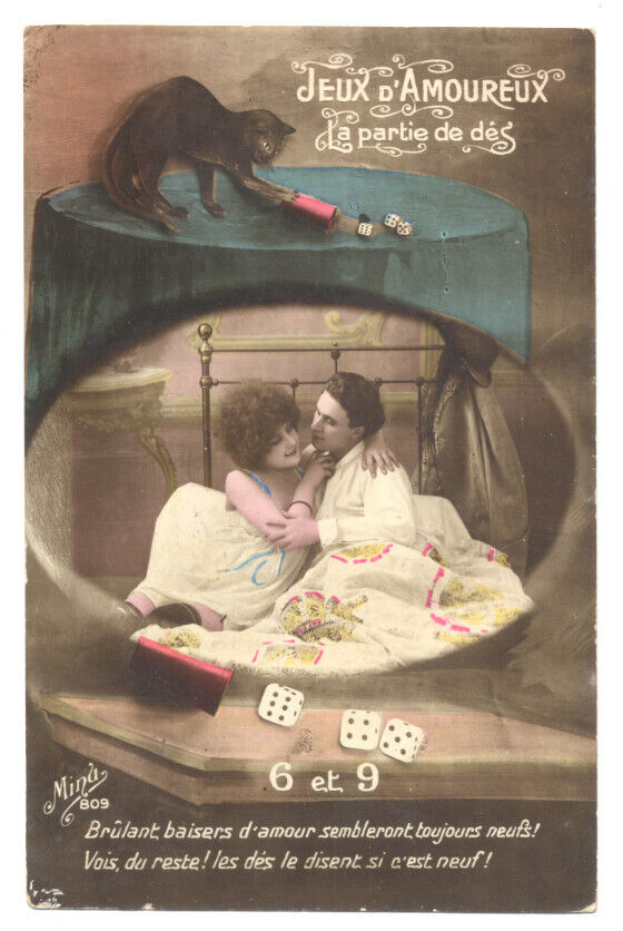 LOVE GAMES Amorous Couple In Bed Rolls 69 with Dice ca1908 Risque Postcard RARE