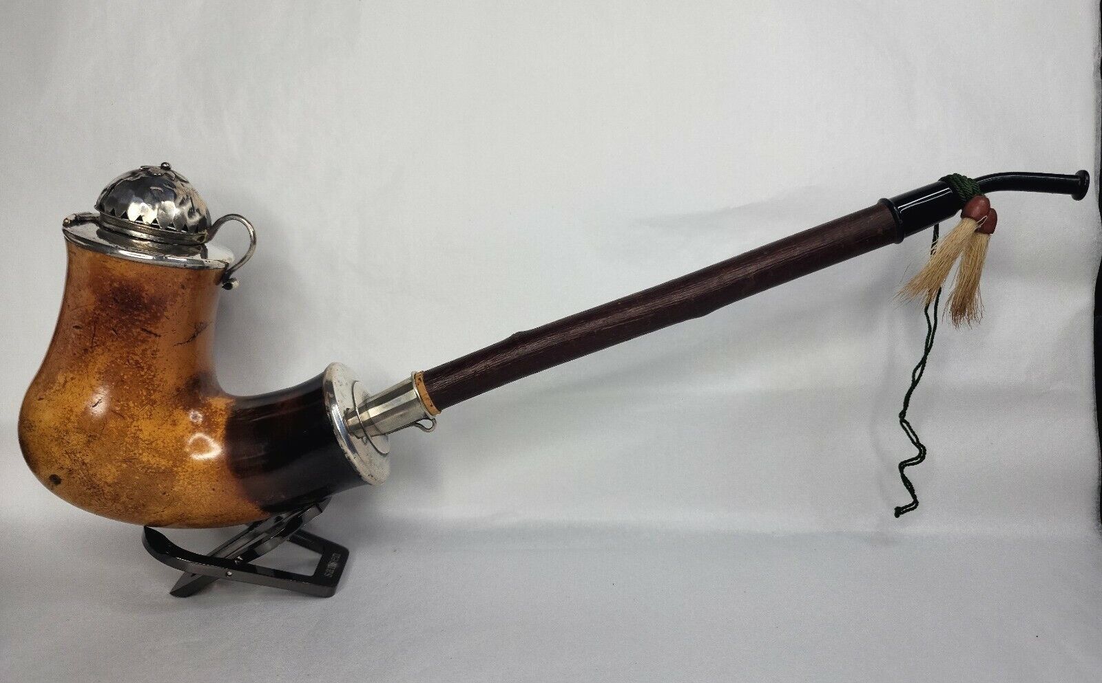 Large Victorian Antique Meerschaum Pipe, Silver Mounted With Cherry Wood Stem