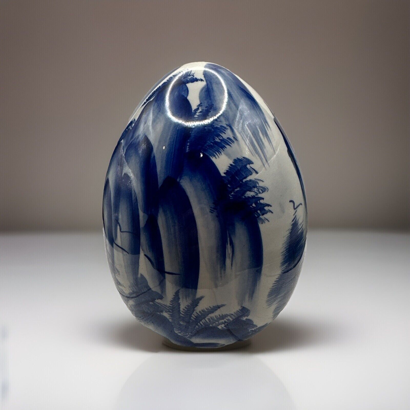 Vintage Large Porcelain Hang Painted Asian Scene Blue White Egg 6”