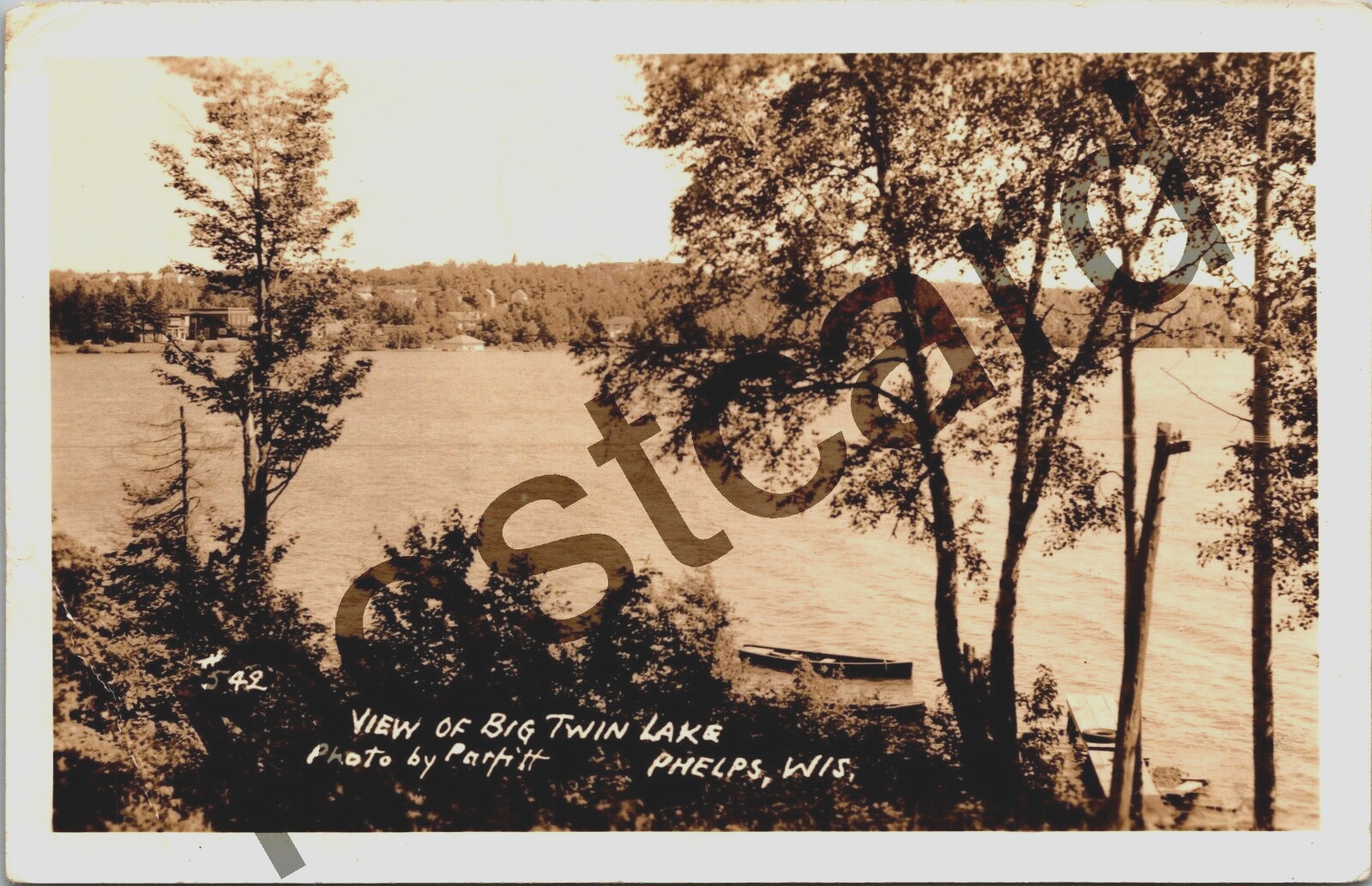1943 PHELPS WI, View of Big Twin Lake, Photo by Parfitt #542 RPPC postcard jj278