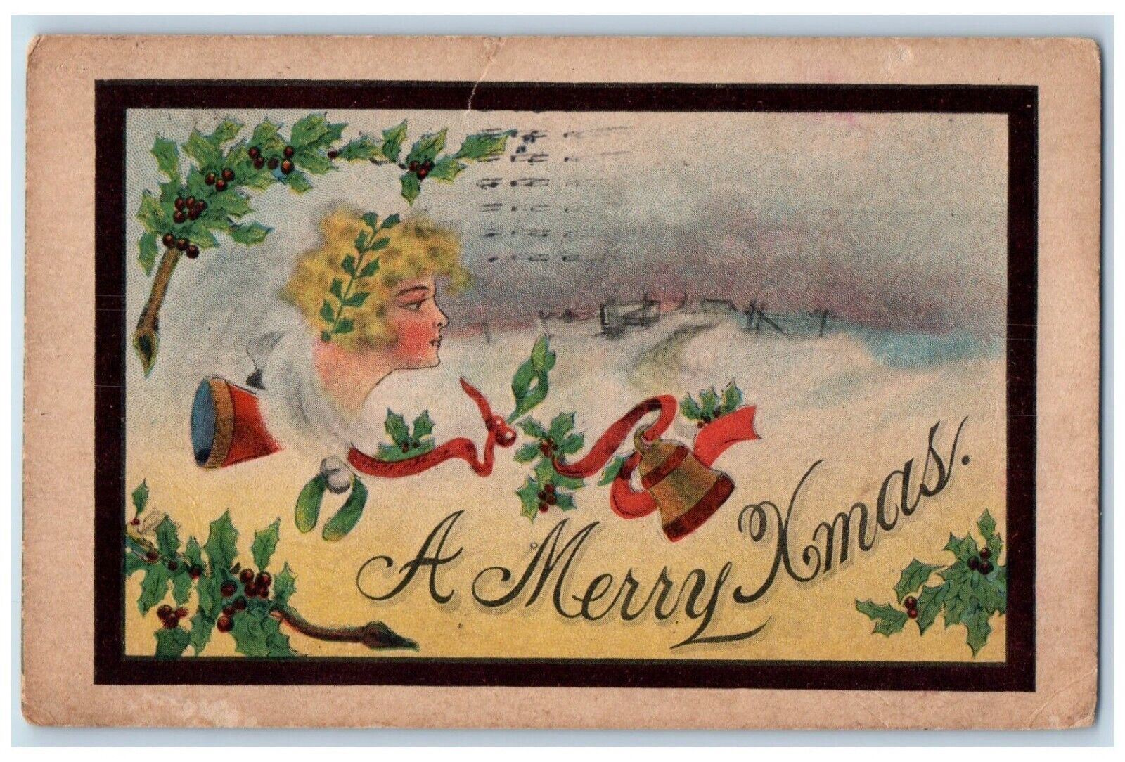 c1910's Christmas Pretty Girl Holly Berries Bell Ribbon Posted Antique Postcard