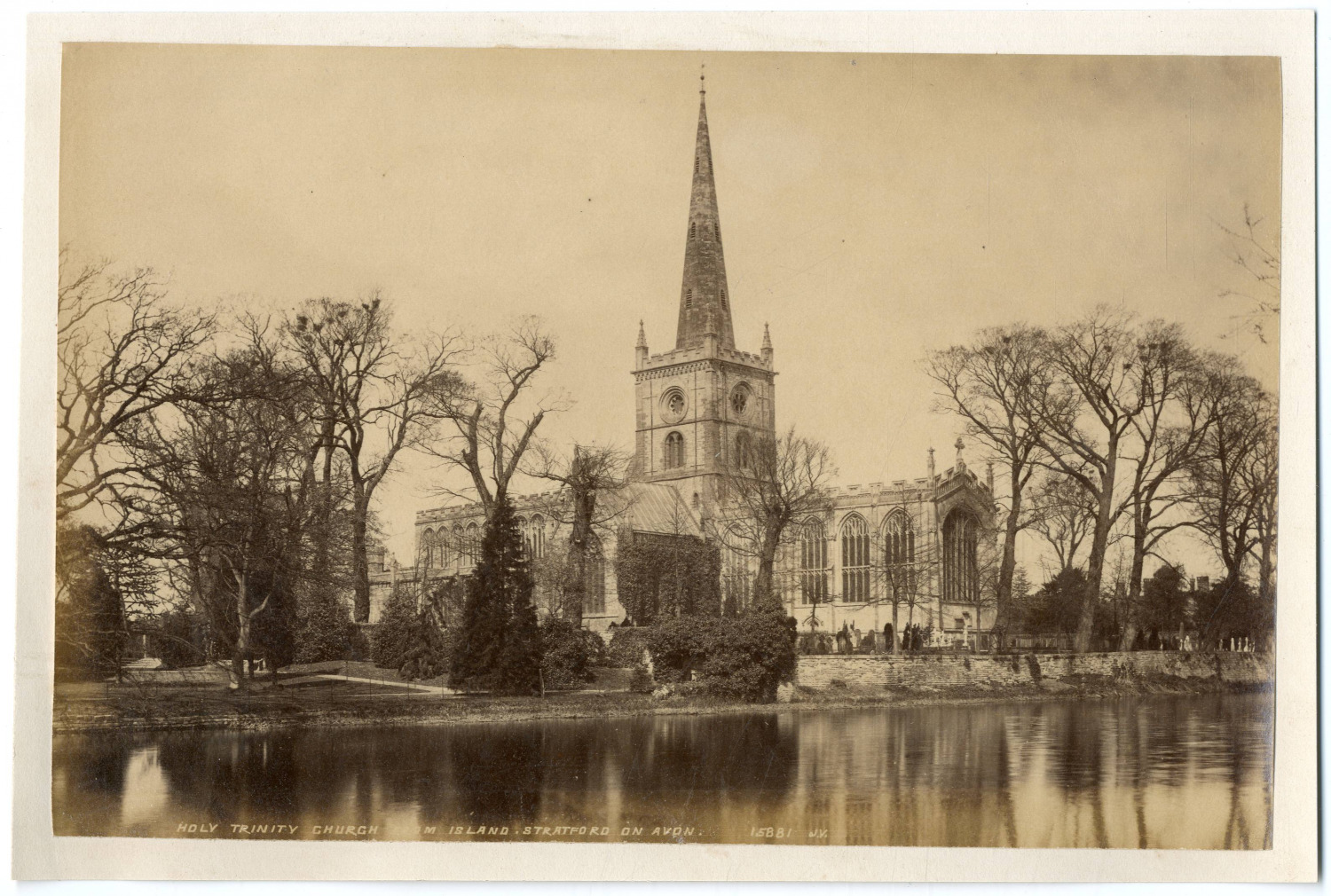 England, Holy Trinity church from island Stratford on Avon Vintage albumen print