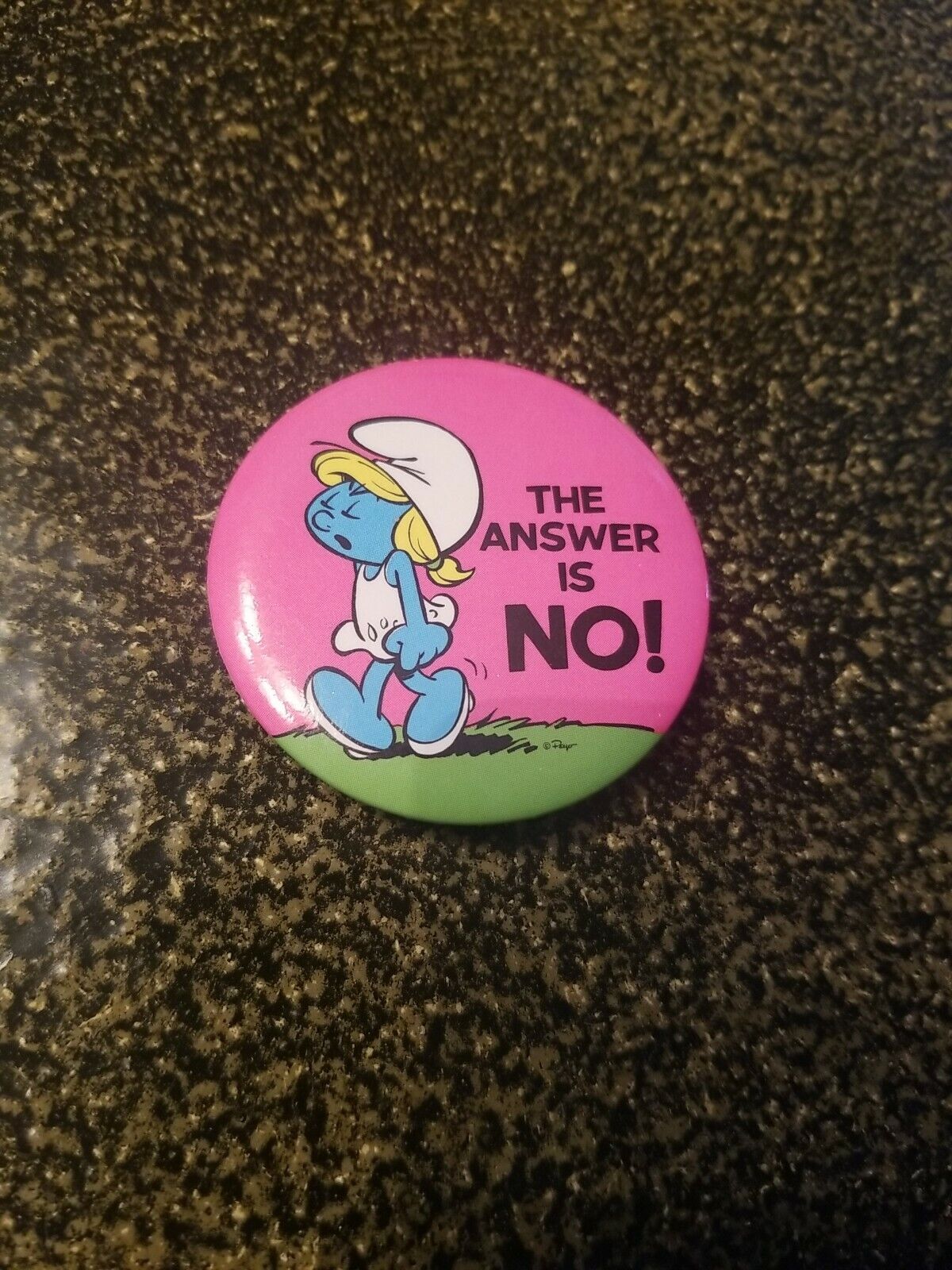 Smurf Smurfette Button Pin Pinback 2.25” “The Answer Is No\