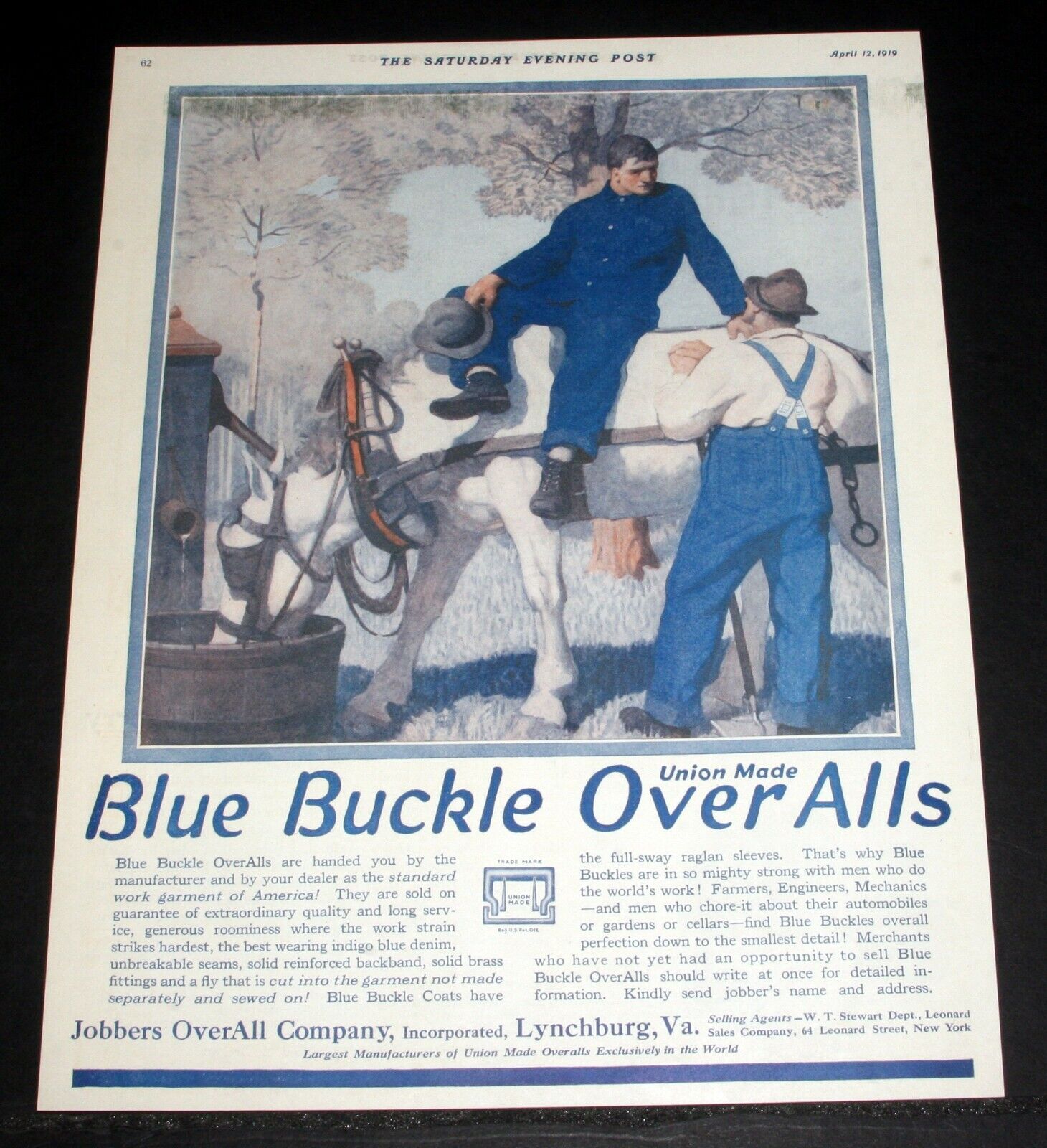 1919 OLD MAGAZINE PRINT AD, BLUE BUCKLE UNION MADE OVER ALLS, FOR LONG SERVICE