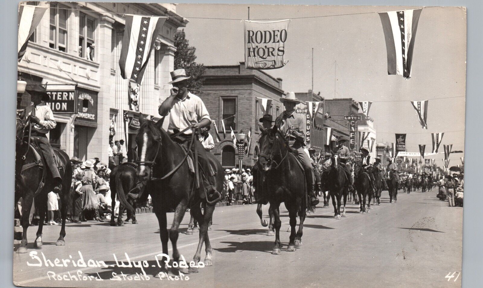 COWBOY RODEO PARADE sheridan wy real photo postcard rppc wyoming street horses