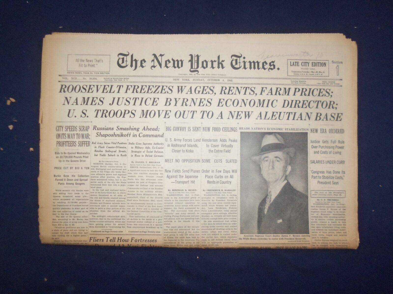1942 OCT 4 NEW YORK TIMES - ROOSEVELT FREEZES WAGES, RENTS, FARM PRICES- NP 6508
