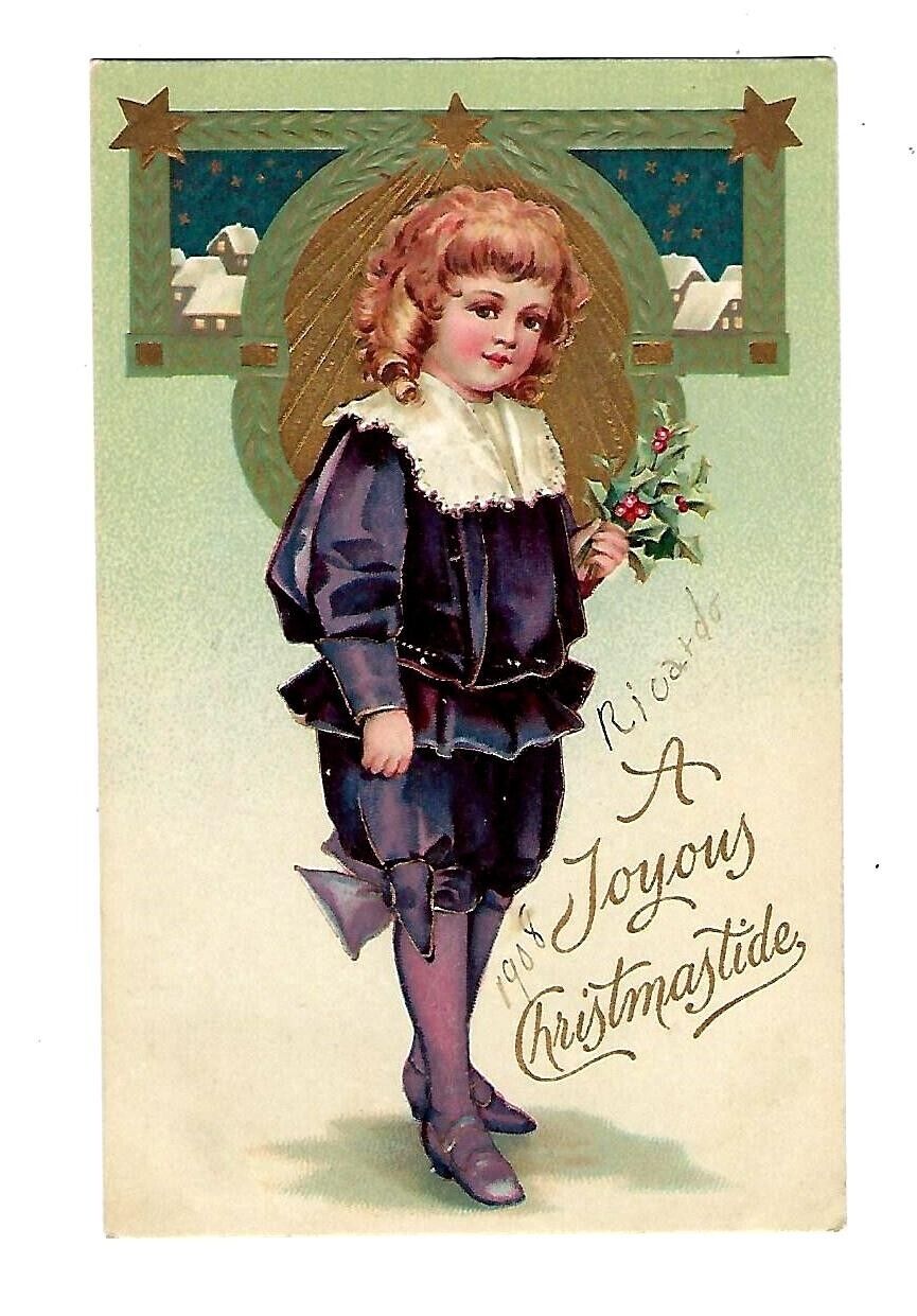 c1908 Int'l Art #915 Christmas Postcard Young Girl In Purple , Embossed