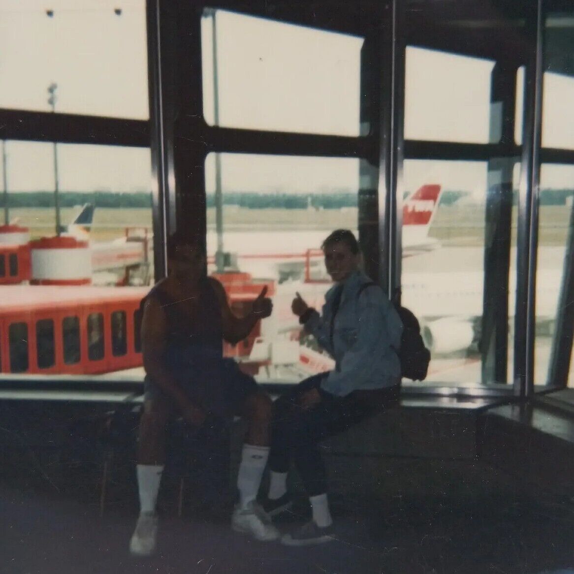 Vintage Polaroid Photo People Airport TWA Airplane Jetliner Found Art Snapshot
