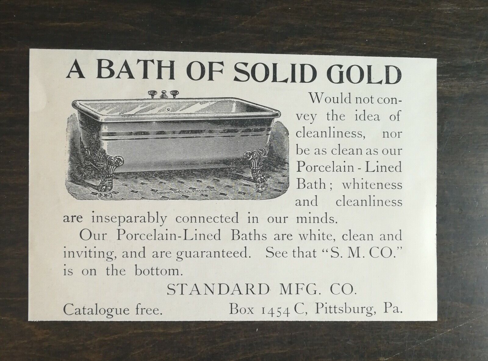 Vintage 1895 Bath of Solid Gold Porcelain-Lined Standard Mfg Co Original Ad 1021