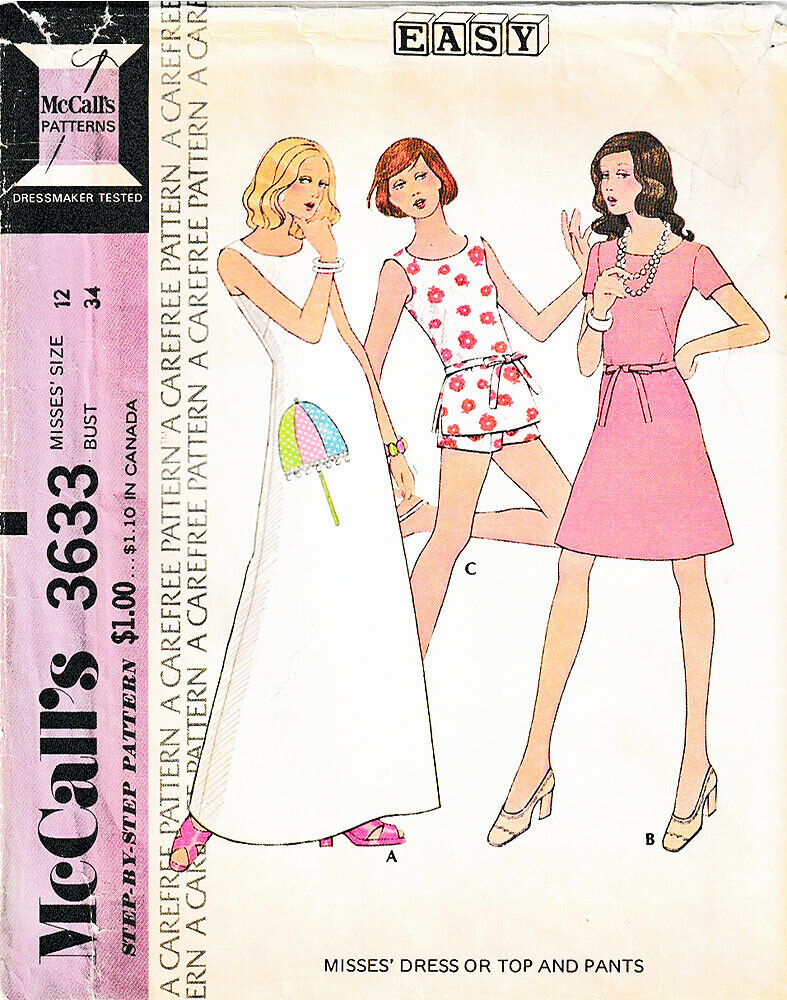 McCall\'s Vintage 3633 ©1973 Dress Top Shorts Sewing Pattern; Size 12, FF