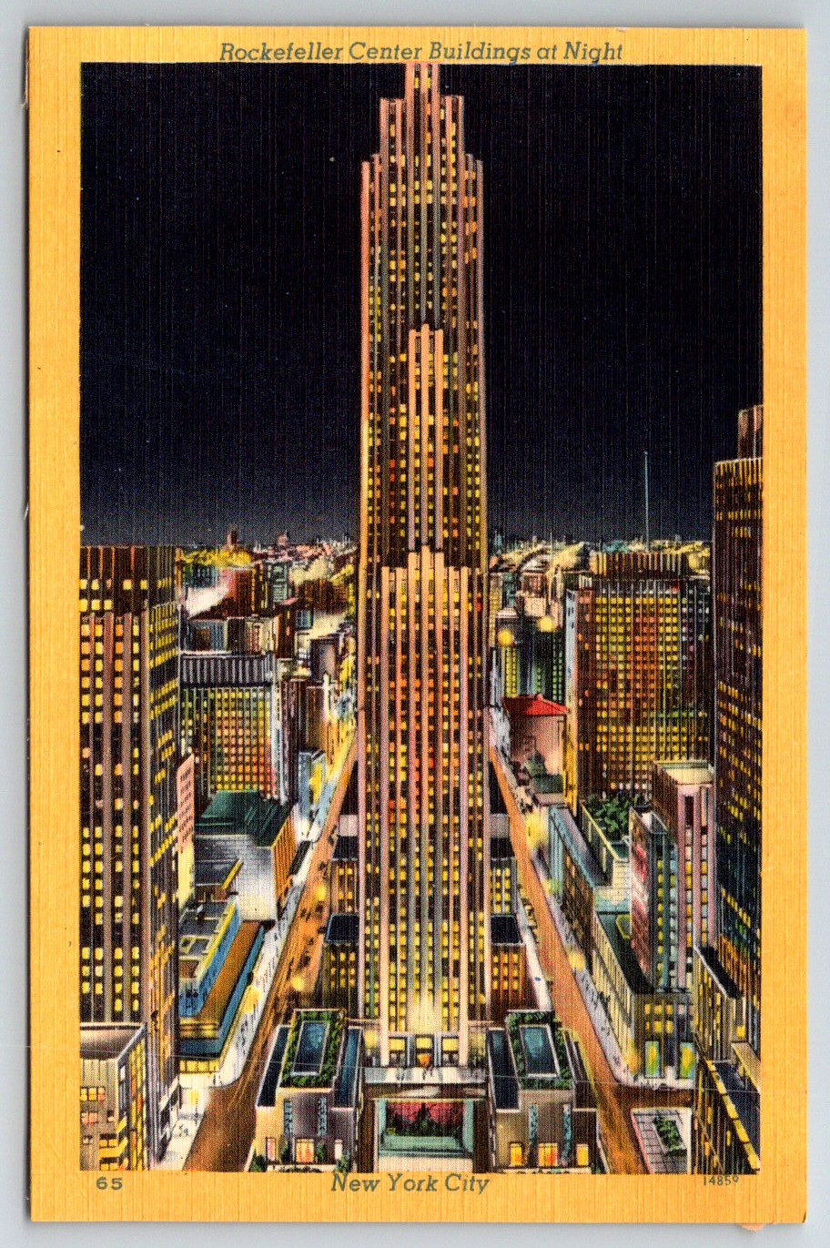 c1940s Rockefeller Center Building Night View Vintage Linen Postcard