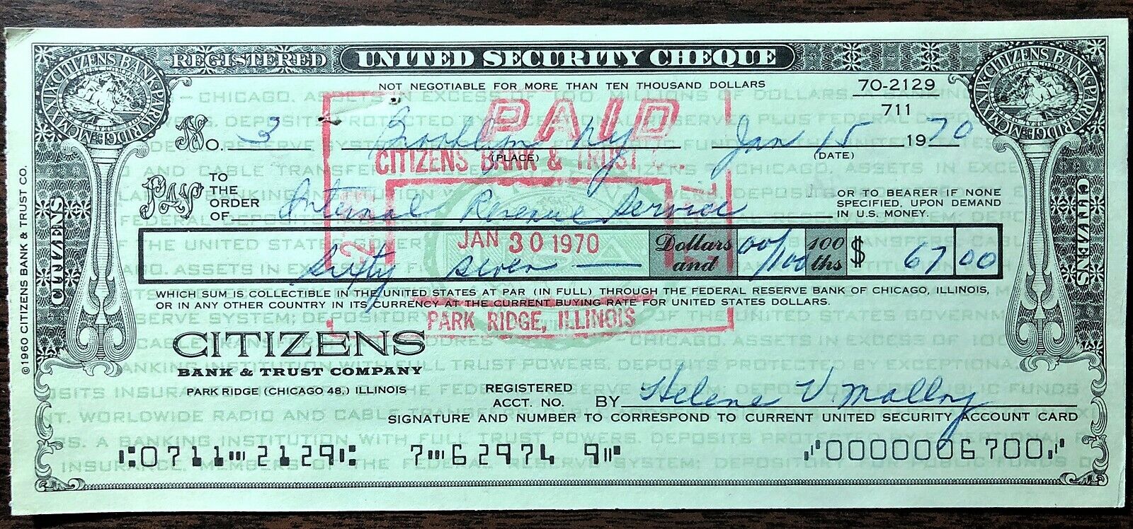 rare CITIZENS BANK & TRUST COMPANY -  CHICAGO ILL. - CANCELLED BANK CHECK (1970)