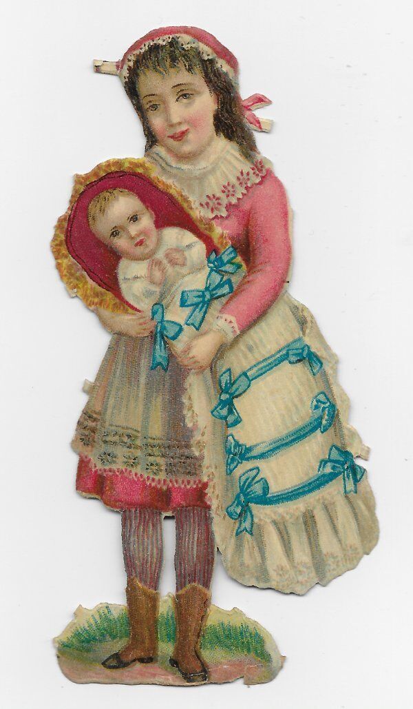 1888 Chromo deCoupis, French CHILD & BABY, BLUE BOWS, Antique Die-Cut, 4.5\