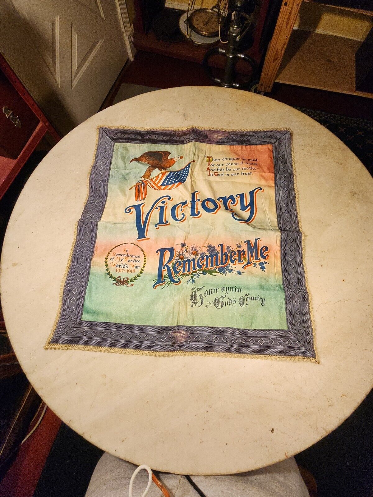Antique WWI Printed Silk Colorful VICTORY REMEMBER ME 1917-1918 EAGLE FLAG-LARGE
