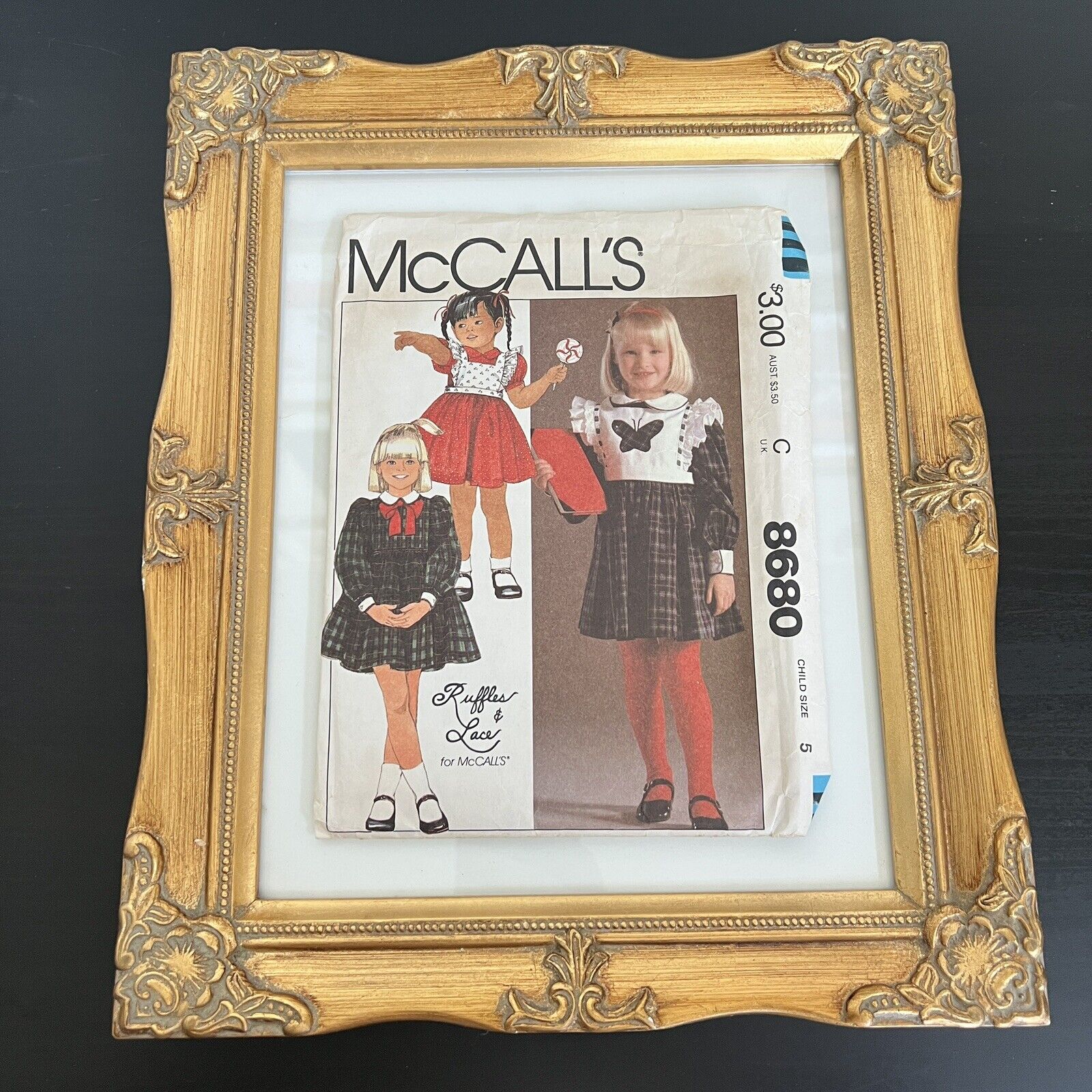 Vintage 1980s McCalls 8680 Girls Ruffles + Lace Bib Dress Sewing Pattern 5 CUT