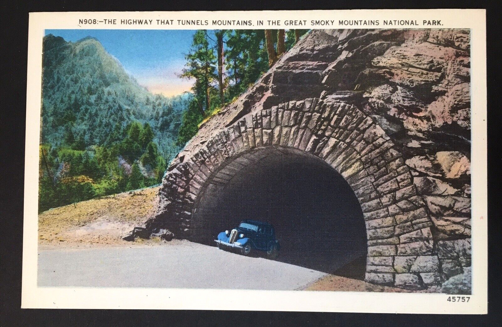 Great Smoky Mountains National Park Highway Tunnel Vtg Linen PC Old Car N908