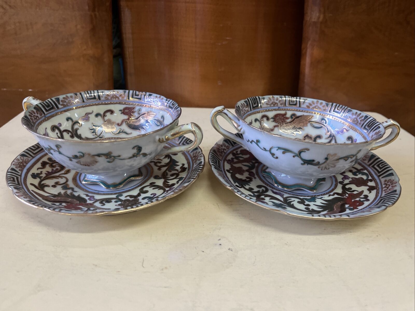 2 antique vintage japan gold trim with bird bouillon cream soup cup & saucers