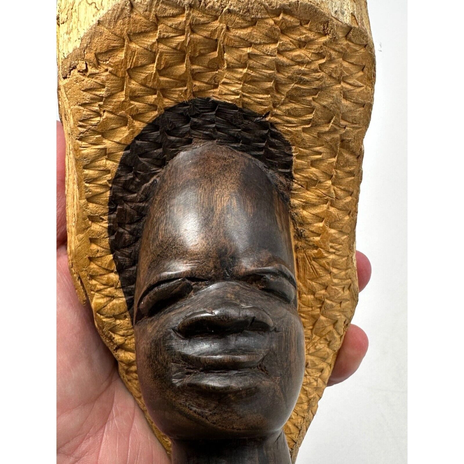 Unique Vintage Carved Wood African Woman Head Ebony Statue