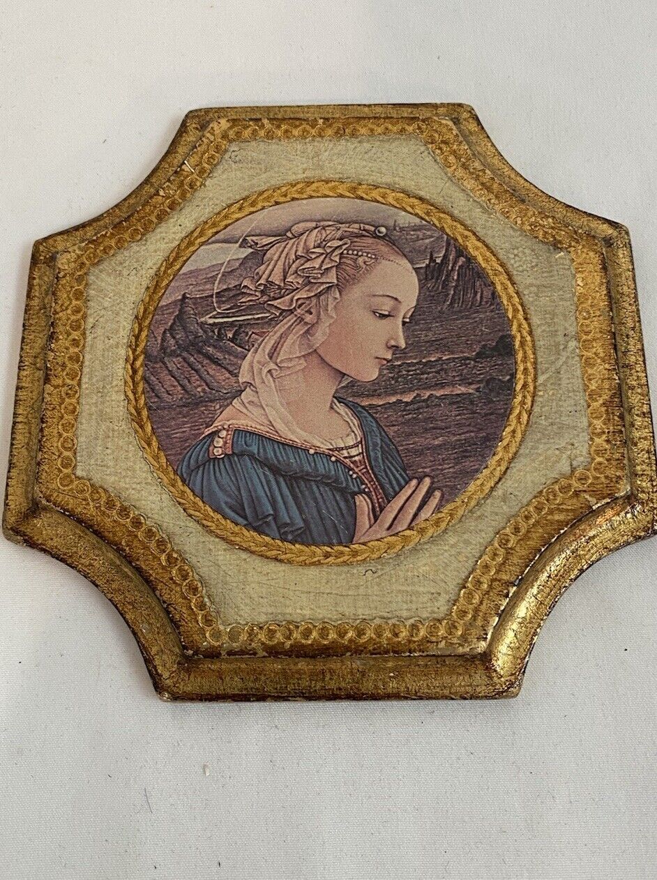Vintage Florentine Gilded Wood Oval Wall Plaque Italy Madonna 4.5”