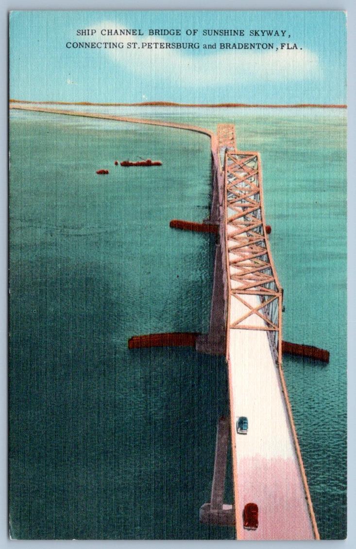 SHIP CHANNEL BRIDGE OF SUNSHINE SKYWAY ST PETERSBURG & BRADENTON FLORIDA LINEN