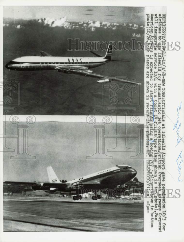 1958 Press Photo Comet IV plane on flight & Boeing 707 jetliner during take off