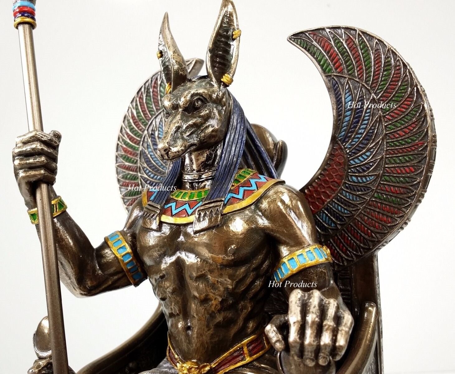 Egyptian Anubis Jackal W/ Cobra Scepter on Throne Statue Antique Bronze Finish