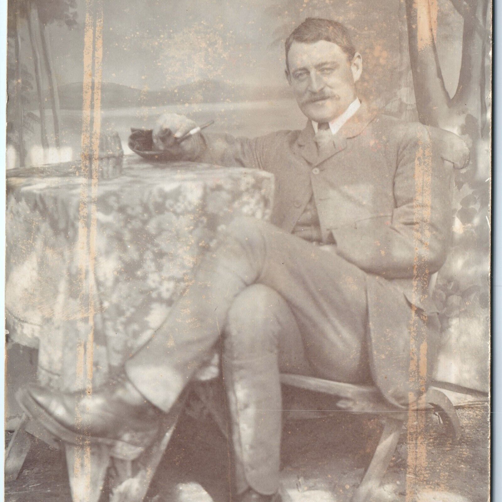 c1910s Relaxing Handsome Gentleman RPPC Smoke Tobacco Pipe Real Photo Smile A159