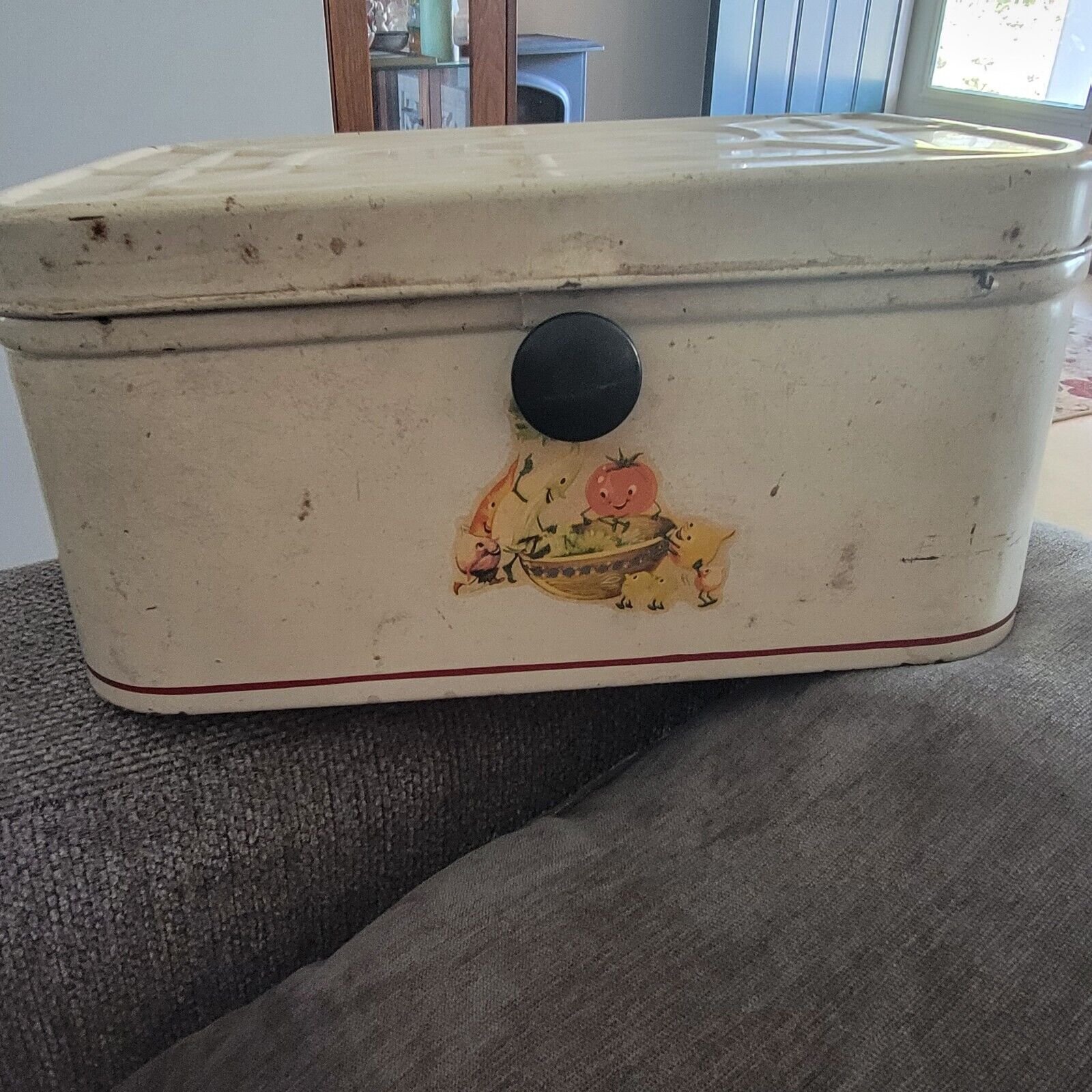 Antique VINTAGE VENTED BREAD BOX tin rustic Anthropomorphic Veggie Decal