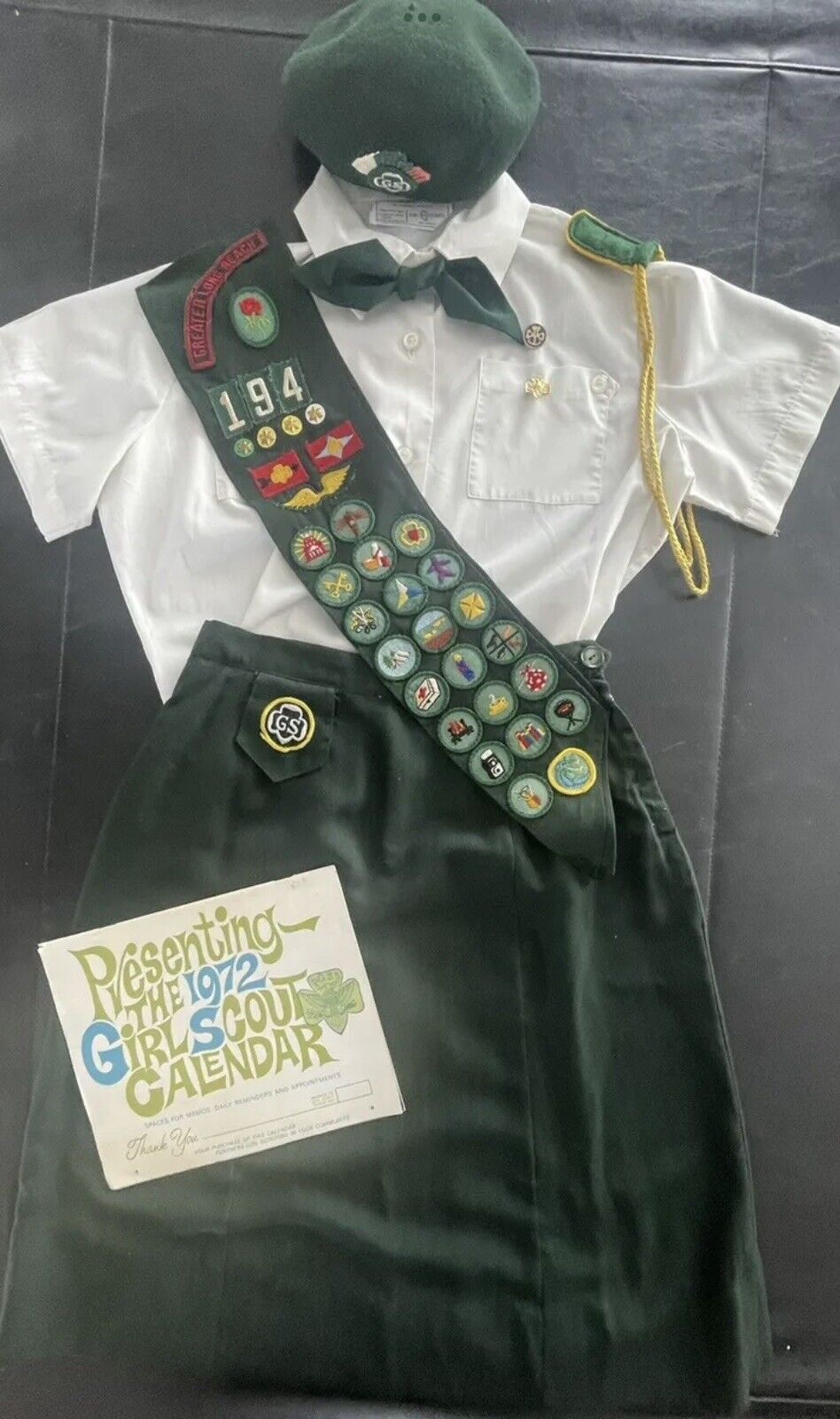 REDUCED Vintage 1970 Girl Scout CADETTE UNIFORM-BLOUSE-SKIRT-SASH #194-CORD-HAT