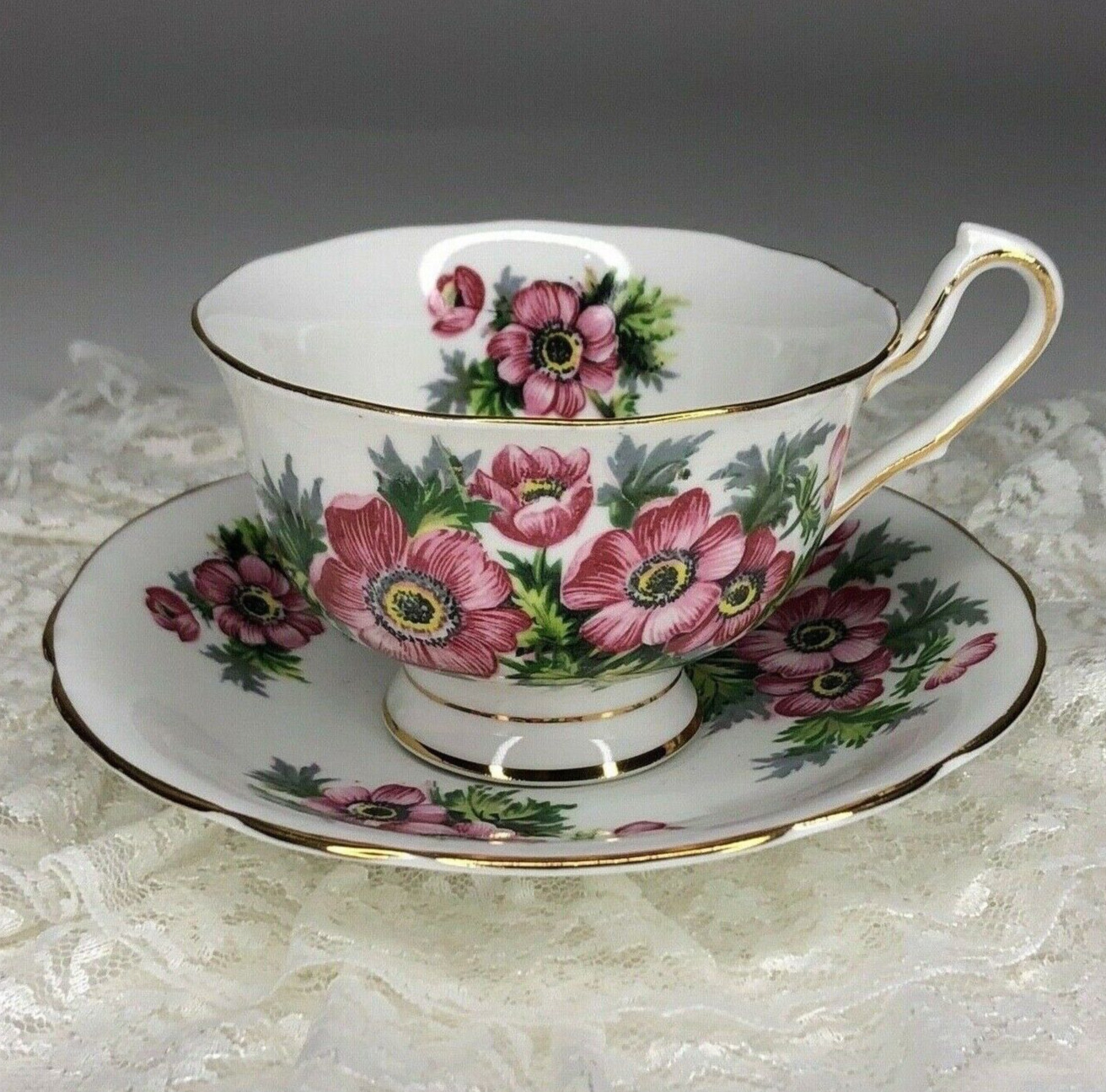 Clarence, England Bone China Hand Painted Gold Trim Pink Floral Tea Cup & Saucer