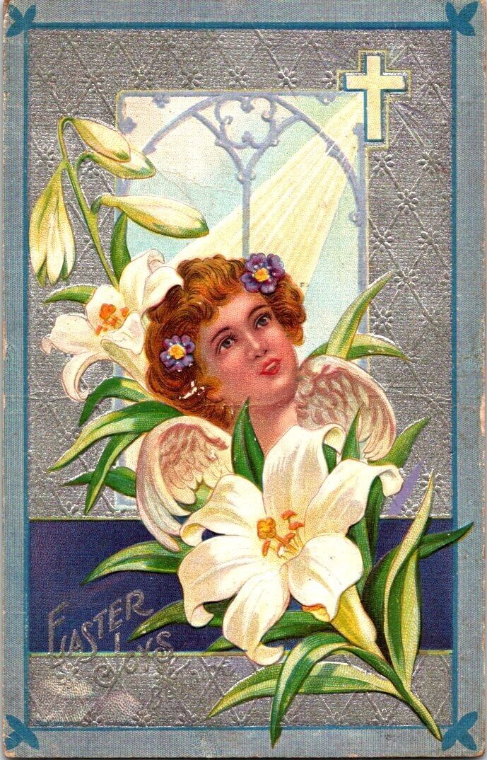 c.1910 Easter Joys Be Thine Postcard Girl Angel Child White Lillies Cross Silver
