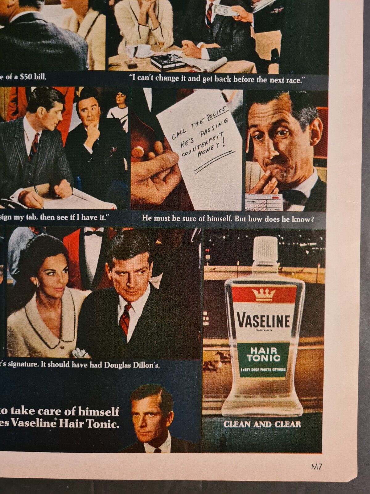 1967 Vaseline Hair Tonic Print Ad Counterfeit Money Magazine Advertisement   BTV