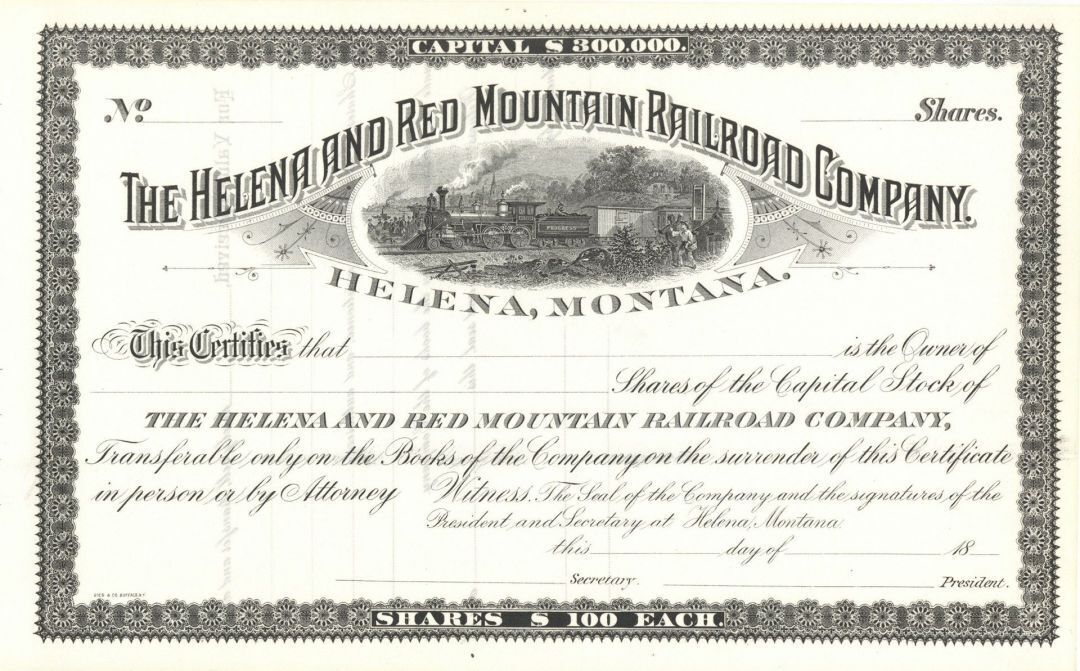 Helena and Red Mountain Railroad Co. - Stock Certificate - Railroad Stocks