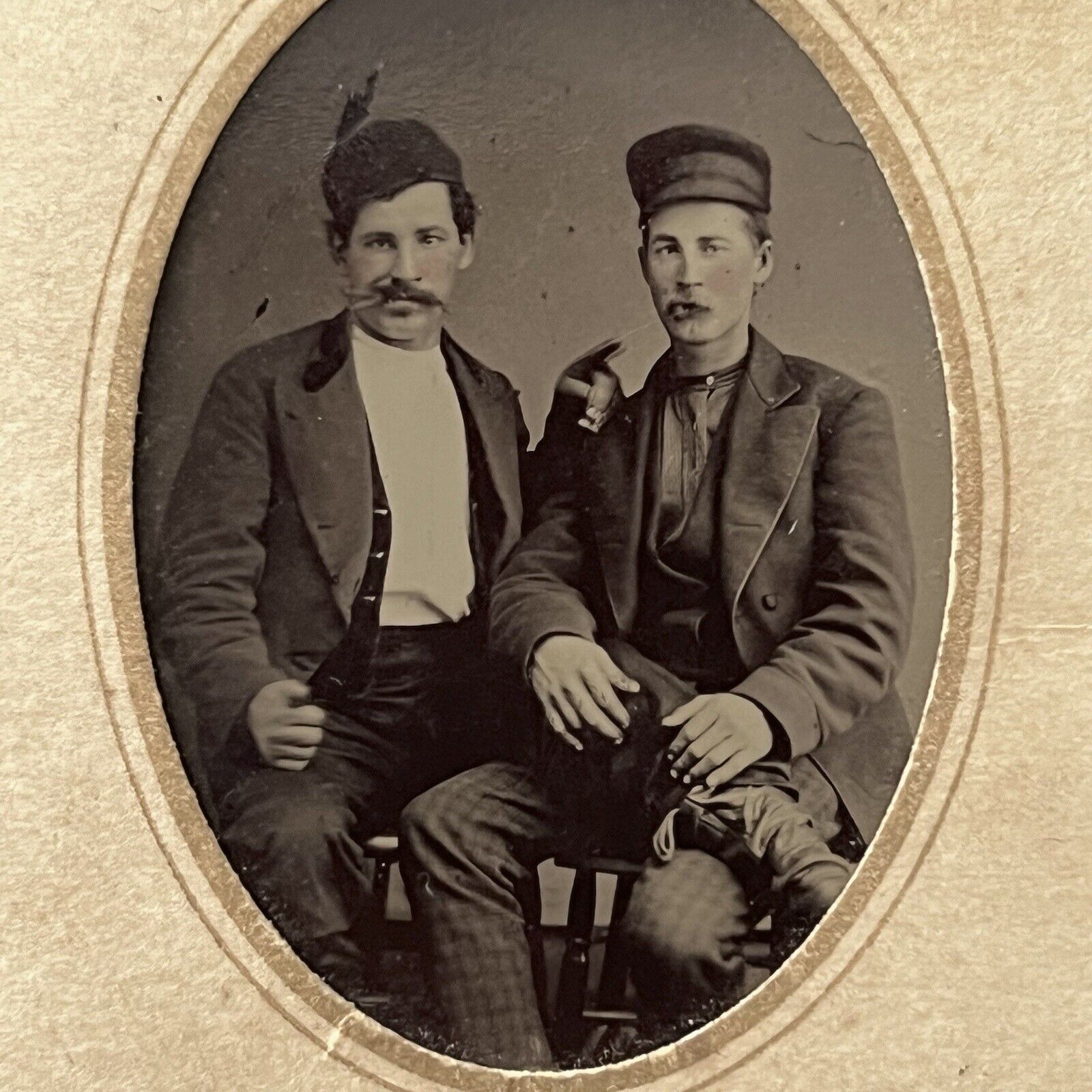 Antique Tintype Photograph Charming Affectionate Working Class Men Leg On Lap