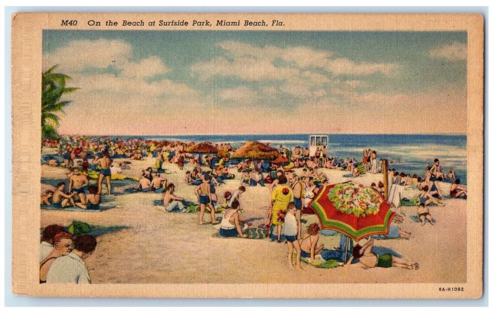 c1940\'s On Beach At Surfside Park Crowd Bathing Miami Beach Florida FL Postcard