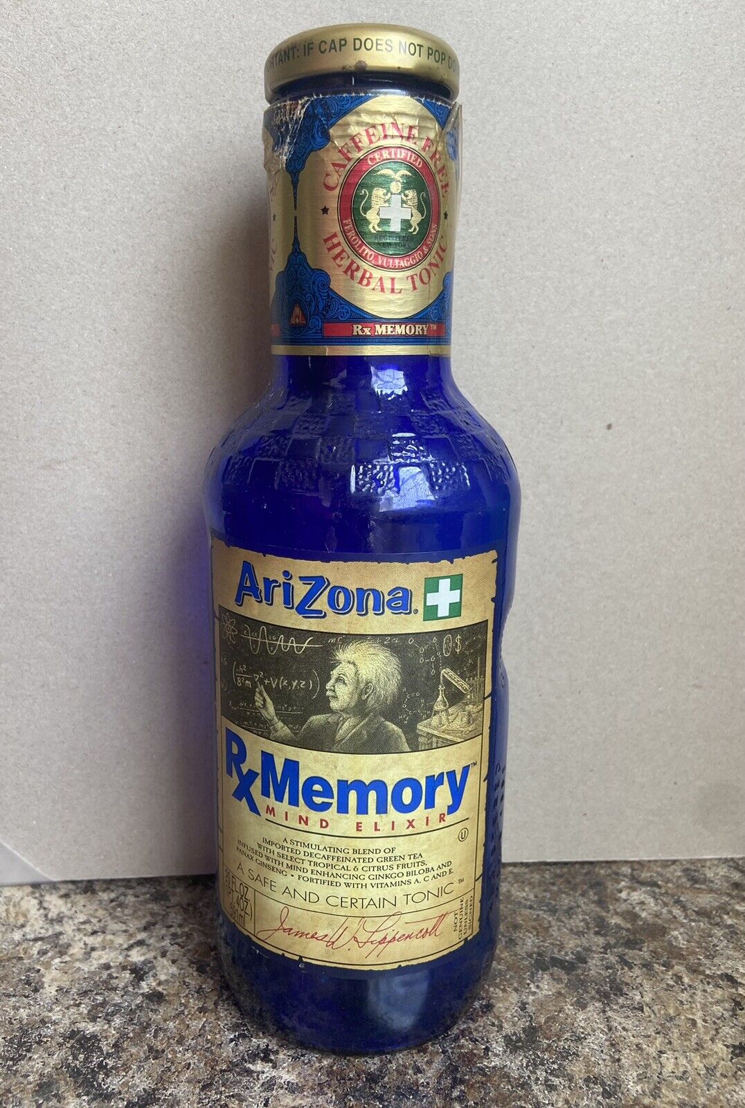 Vintage Cobalt Blue Arizona Iced Tea Bottle, Rx Memory Herbal Tonic, 20oz