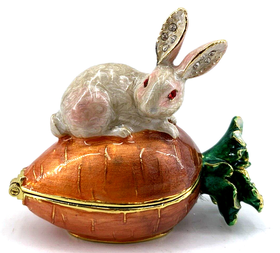 Rabbit with Carrot Trinket Box Enamel Crystal Embellished 2.25\