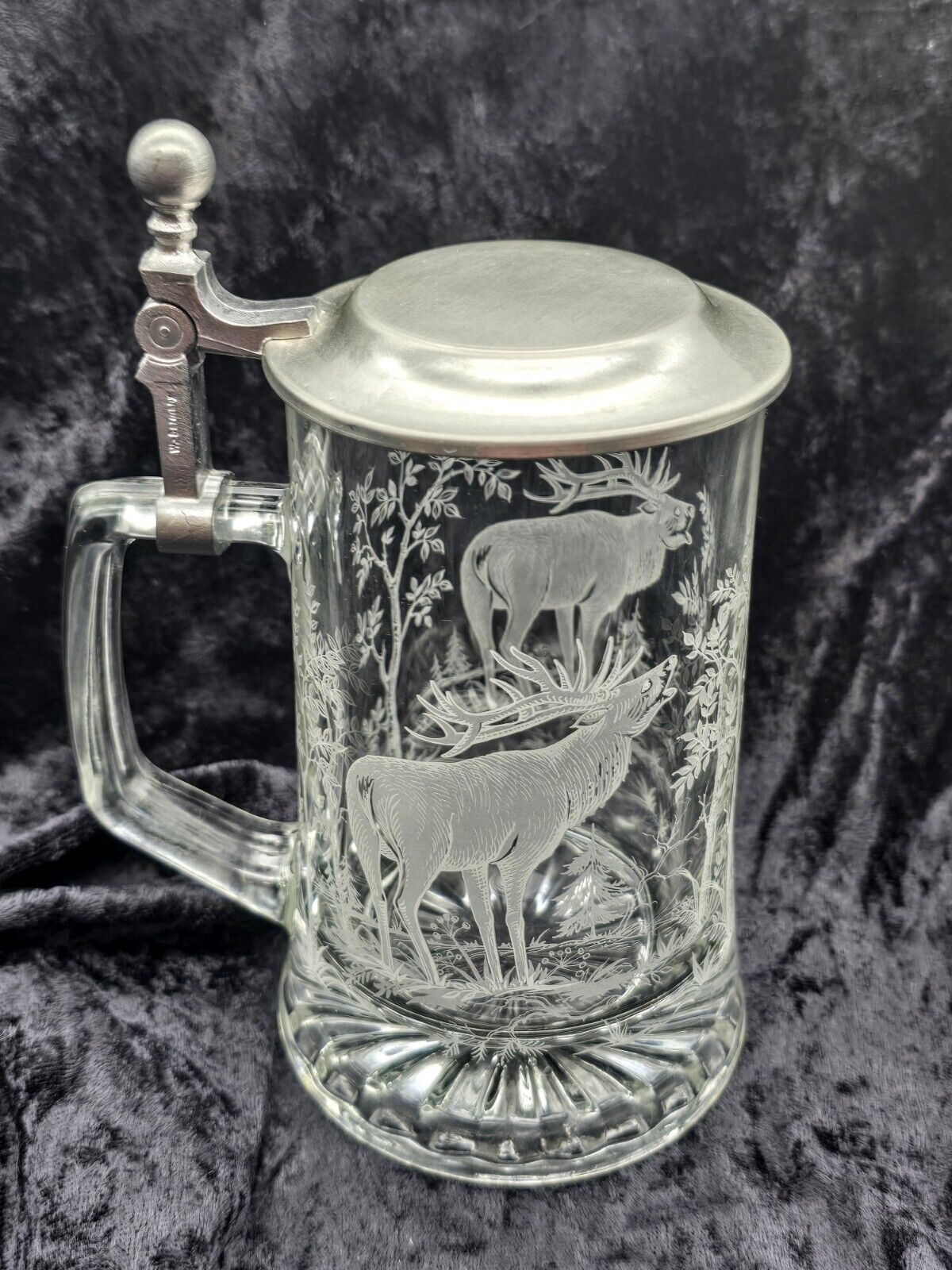 Vintage ALWE Lidded BEER STEIN Etched Glass Buck Elk Stag Mug West Germany