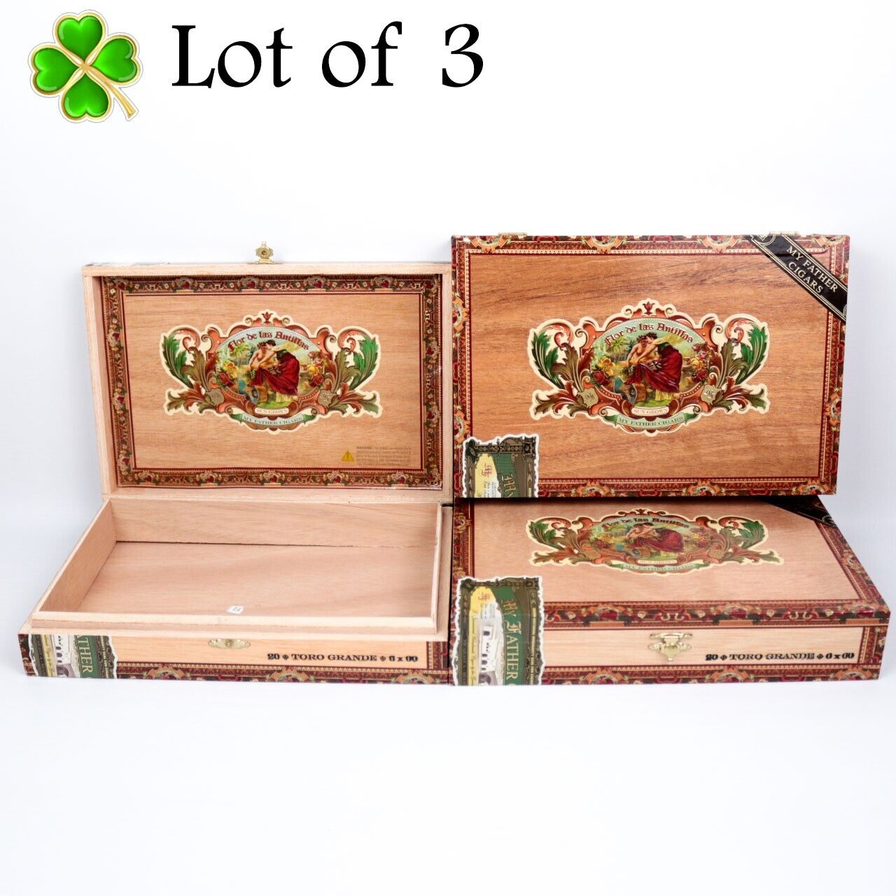 Lot of 3 Flor de las Antillas Toro Grande Empty Wood Cigar Box 10.5\
