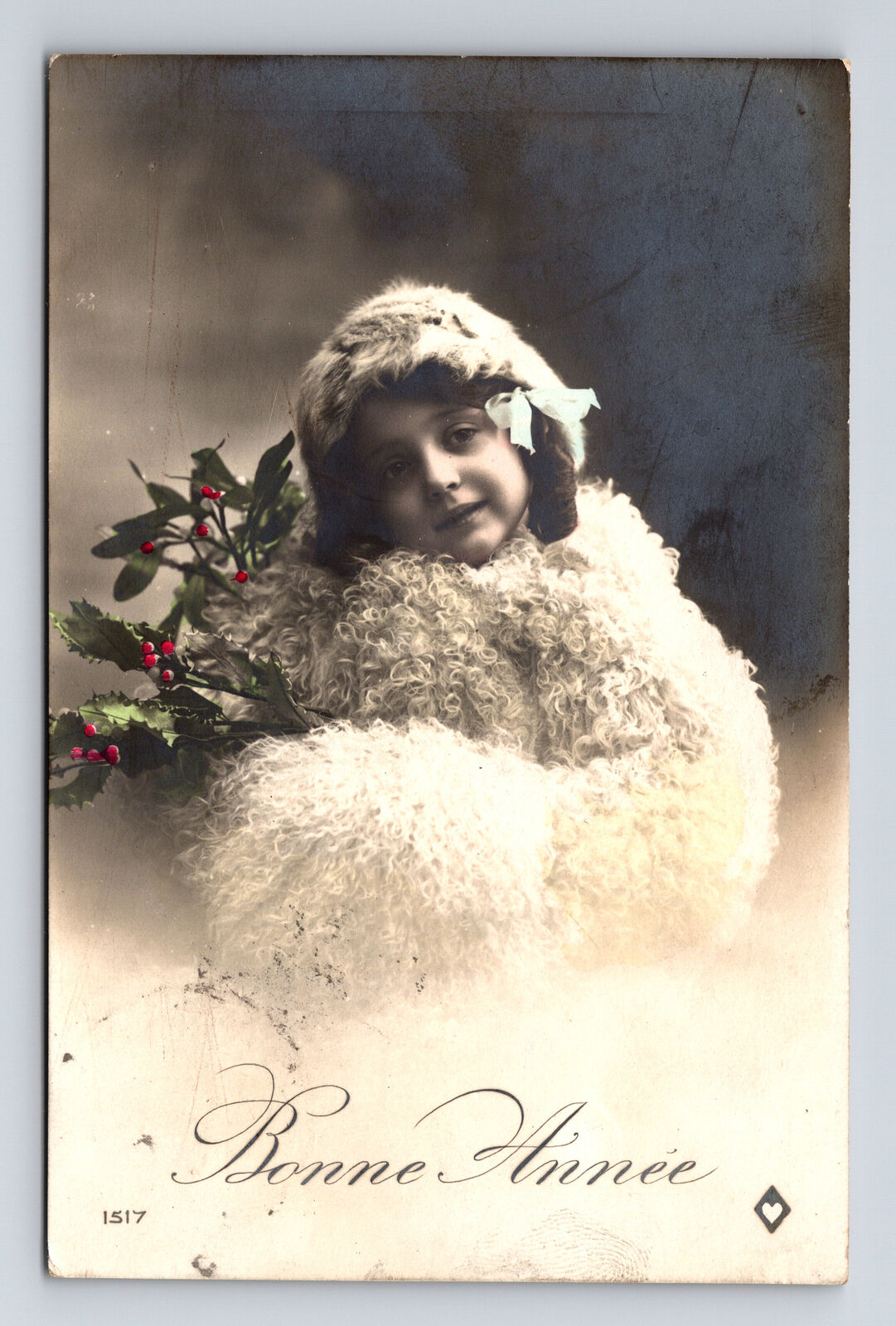 c1913 RPPC Hand Colored Portrait Young French Girl Mistletoe Wooly Coat Postcard
