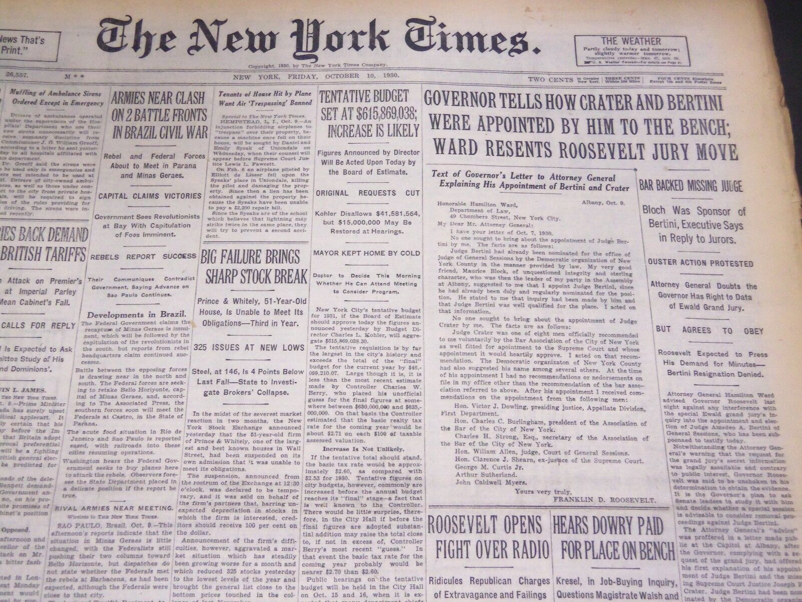 1930 OCT 10 NEW YORK TIMES - FDR TELLS HOW CRATER & BERTINI APPOINTED - NT 4973