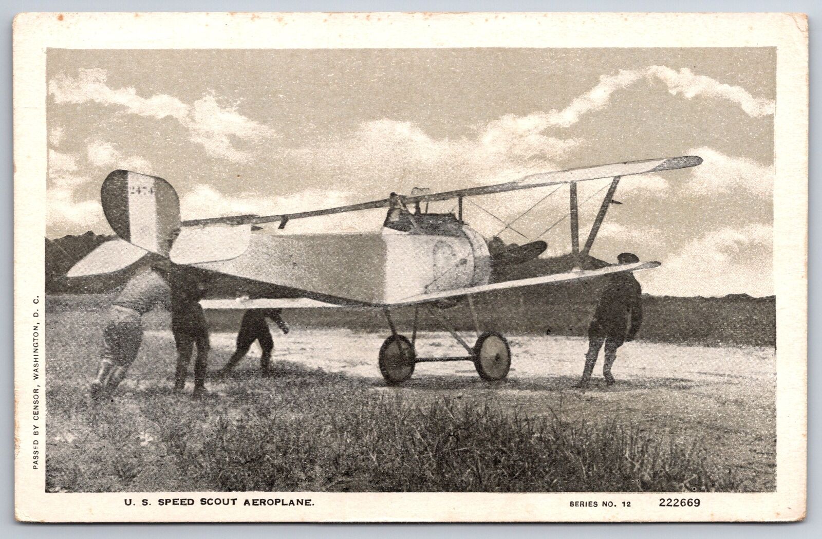 WWI Aeroplane~US Army Speed Scout Biplane~Soldiers Push~Passed By Censor~c1917 