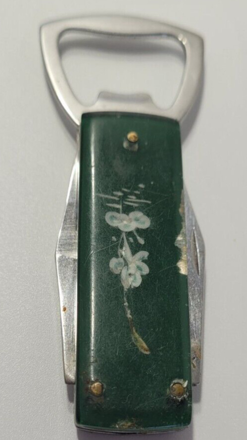 Bottle Opener Pocket Knife Fork Lark Brand Green Lucite Floral Stainless Vintage
