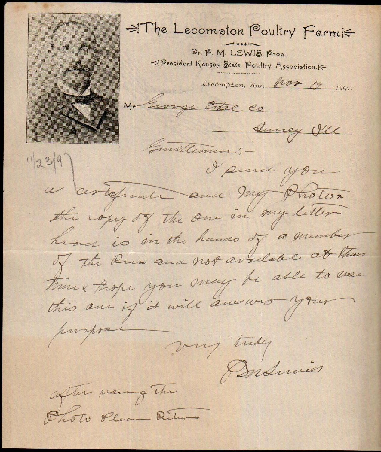 1897 Kansas - Lecompton Poultry Farm - P M Lewis - Rare Letter Head Bill